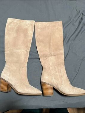 Cole Haan Taupe Suede Knee High Block Heel Western Boots
